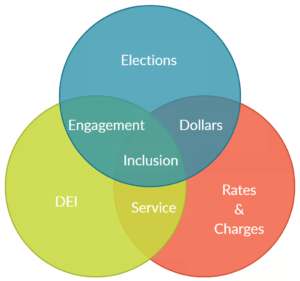 Venn diagram of elections, DEI, and rates and charges